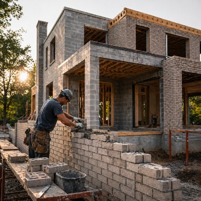 Construction neuve en brique, pierre et bloc